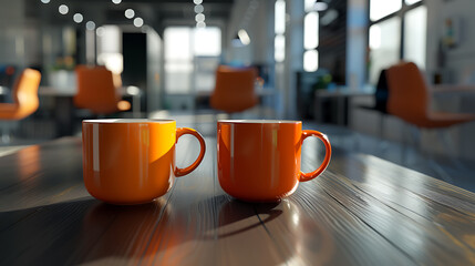 Fototapeta na wymiar Two orange coffee cups on a wooden table. 3d rendering.