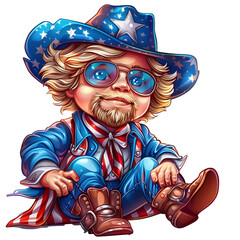 Cute cartoon American cowboy isolated on transparent background. For USA Independence day July 4th celebration. Caricature flat clipart illustration for sticker, banner