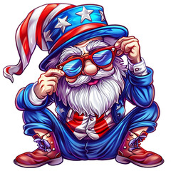Cute cartoon American grandpa in a striped hood isolated on transparent background. For USA Independence day July 4th celebration. Caricature flat clipart illustration for sticker, banner