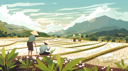Stof per meter Thailand. Rice terraces agricultural sceneries. Rice fields with asian farmers. Vector illustration. People planting and grow rice in rainy season. © Ziyan Yang