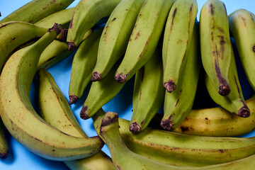 Fresh green banana on blue background, maqueno barraganete dominico