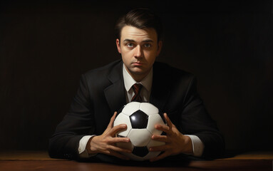 Businessman in Suit Holding a Soccer Ball