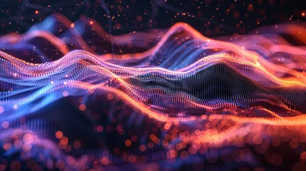 Rolgordijnen A digital wave pattern in neon colors against a dark background. © Anthony