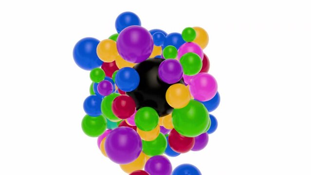 3d muliticolored spheres flying on white background and are attracted to big black ball. Abstract fashion composition. Modern animation.