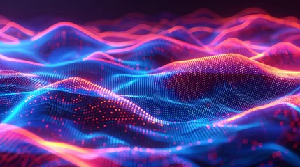Foto op Plexiglas A digital wave pattern in neon colors against a dark background. © Anthony