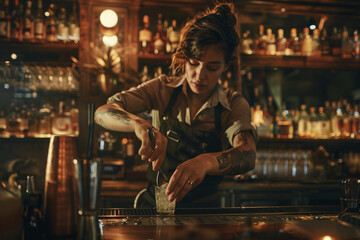 Frame the shot to showcase the bartender's intense concentration as they meticulously measure ingredients, with soft focus on the surrounding bar elements, maintaining a minimalist - Powered by Adobe