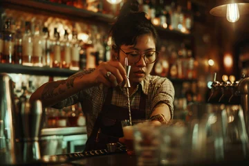 Muurstickers Frame the shot to showcase the bartender's intense concentration as they meticulously measure ingredients, with soft focus on the surrounding bar elements, maintaining a minimalist © HASAN