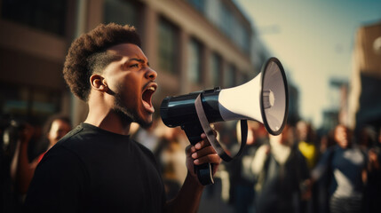Activist Protesting with Megaphone at Rally - obrazy, fototapety, plakaty