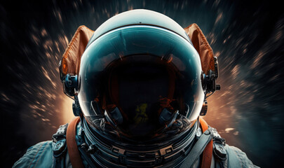 Astronaut Helmet Close-Up Against Dark Background - obrazy, fototapety, plakaty