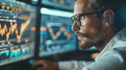 Fototapeta premium Man professional navigating multiple screens with precision, focused demeanor as indicators of excellence in data management and operational efficiency. Generative AI.