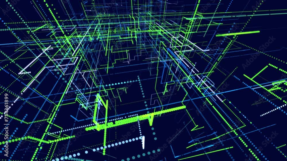 Poster glow blue green particles form lines. info concept lines and nodes, ai construction light grid. line