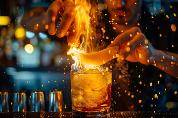Focusing on the intensity in a barman's eyes as they flame an orange peel over a cocktail, the flicker of the flame reflected in the glass - obrazy, fototapety, plakaty