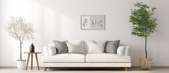 A living room featuring a white couch, a potted plant, wooden floor, large wall with pictures, and a view of a white landscape through a window.