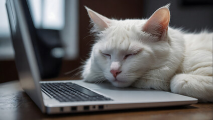 Sleeping cat on the laptop - obrazy, fototapety, plakaty