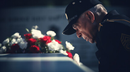 Veteran honoring Tomb of the Unknown Soldier with flowers and American flag - obrazy, fototapety, plakaty