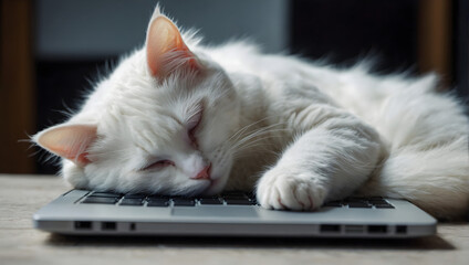 Sleeping cat on the laptop - obrazy, fototapety, plakaty