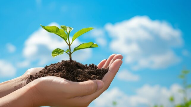 Hands cradling a young green plant with soil, symbolizing growth and sustainability, set against a vibrant blue sky with clouds.