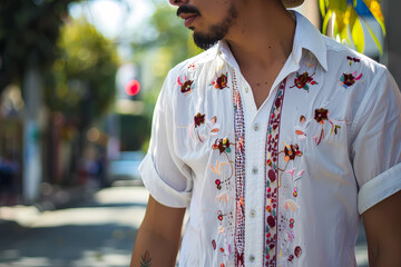 Guayabera - Cuba - Lightweight, button-up shirt with pockets and pleats down the front and back, often worn untucked - obrazy, fototapety, plakaty