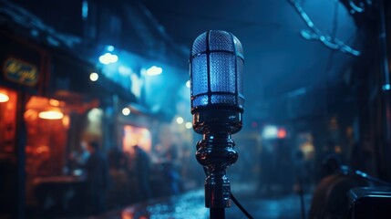 Close-up of Vintage Microphone in a Bar - obrazy, fototapety, plakaty