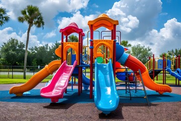 Children Engaging in Play on a Colorful Playground, To showcase the joy and benefits of childrens playtime on a colorful and engaging playground,
