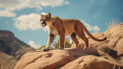 Mountain Lion Stalking in Rocky Terrain - obrazy, fototapety, plakaty