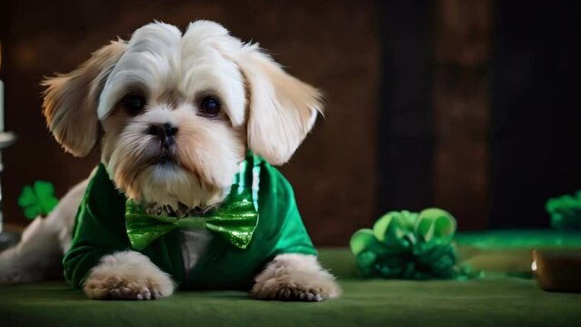 Dog with green costume, celebrates St. Patrick's Day	
