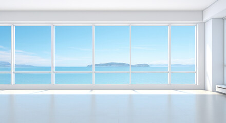 Fototapeta na wymiar Minimalist White Living Room with Ocean View