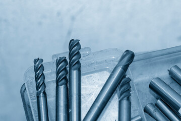 Close-up scene the group of used   cutter end mill tools.