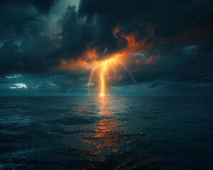 A lightning bolt strikes the ocean, creating a dramatic and intense scene