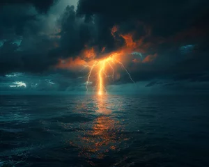 Fotobehang A lightning bolt strikes the ocean, creating a dramatic and intense scene © AW AI ART