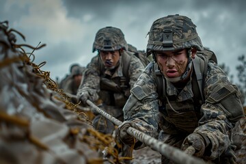 Fototapeta premium Soldiers Testing Limits Intense Military Training Scenario