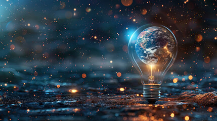 Earth hour background. Blue planet earth in space in a glowing light bulb  - obrazy, fototapety, plakaty