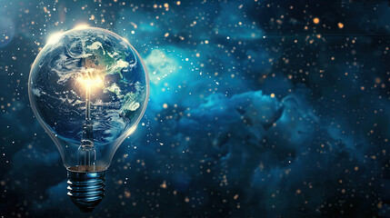 Earth hour background. Blue planet earth in space in a glowing light bulb 