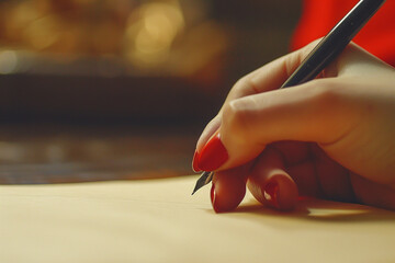 A hand delicately poised over a blank page, pen hovering in anticipation