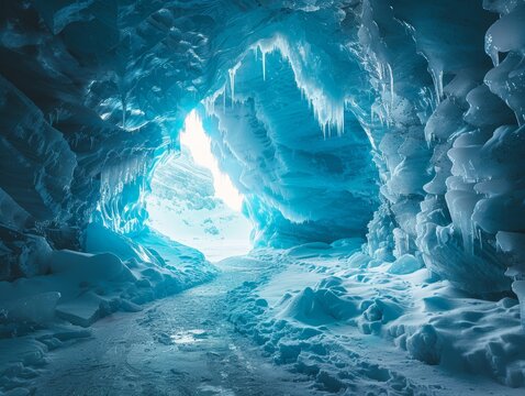 A large, empty, icy cave with a small opening