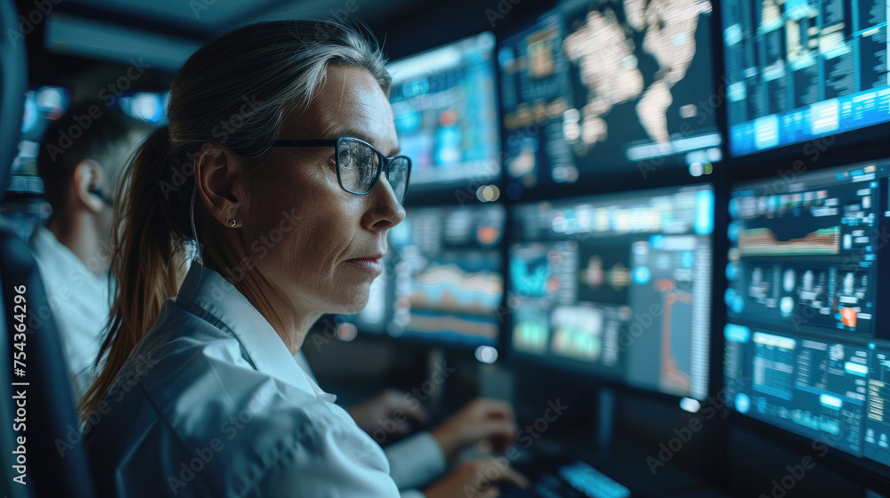 Poster team of professionals in a sophisticated monitoring control room, intensely focusing on multiple scr