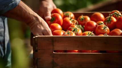 Farmer Holding Wooden Box of Freshly Harvested Tomatoes - obrazy, fototapety, plakaty