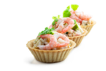 Shrimp and cheese salad tartlets appetizer isolated on white