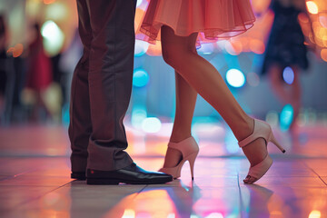 The precision of footwork during a couples' salsa dance lesson