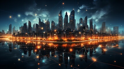 Abstract night city map with technology network big data connection lines futuristic invention background