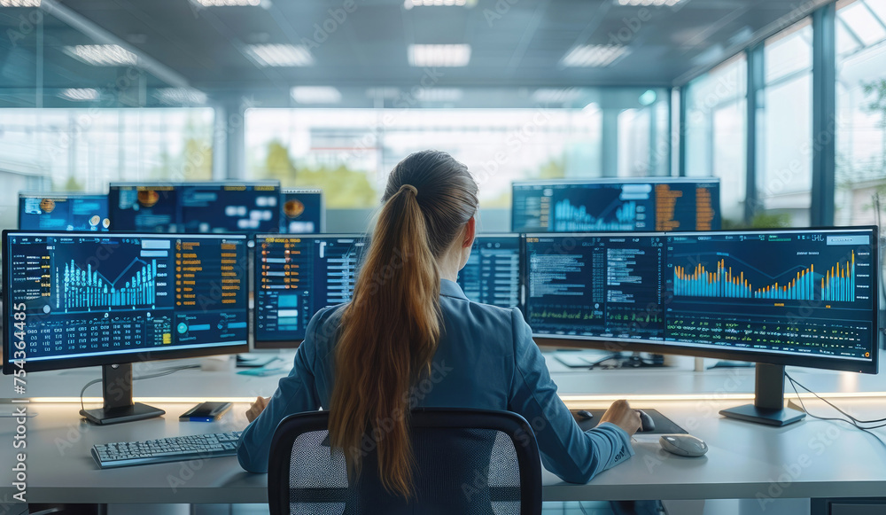 Poster People are working in the office with screens in a modern open space, different software applications on the screen. Generative AI.