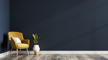 Living room interior mockup in warm tones with armchair on empty dark blue wall background