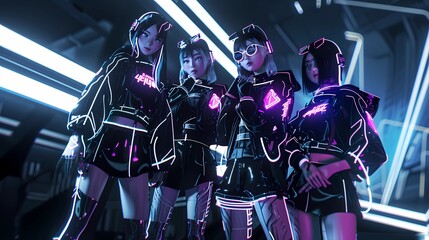 未来的なアジアのダンス・ガールズ・グループのイメージイラスト