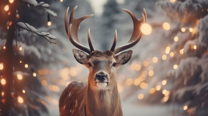 Deer Portrait with Christmas Garland in Snowy Forest