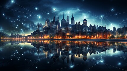 Fototapeta na wymiar Abstract night city map with technology network big data connection lines futuristic invention background