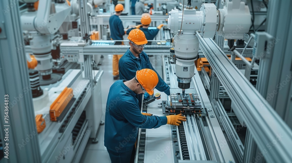 Poster Group of engineer working on high-tech machines in a modern factory. Generative AI.