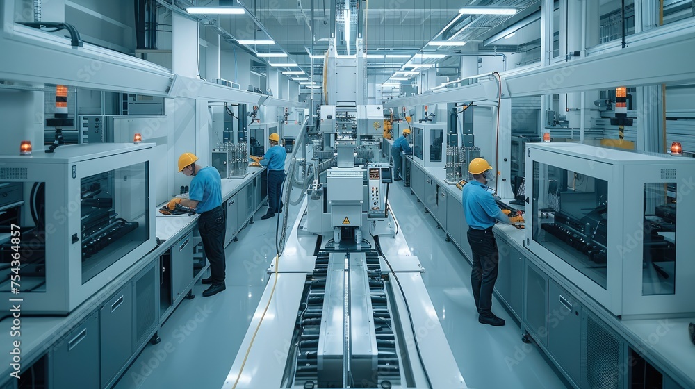 Poster Group of engineer working on high-tech machines in a modern factory. Generative AI.