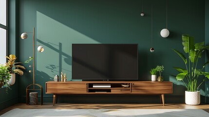 Living room with cabinet for tv on dark green color wall background