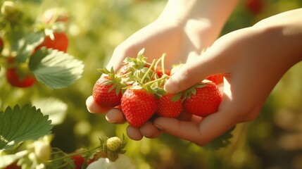 Close-Up of Hands Picking Strawberries - obrazy, fototapety, plakaty