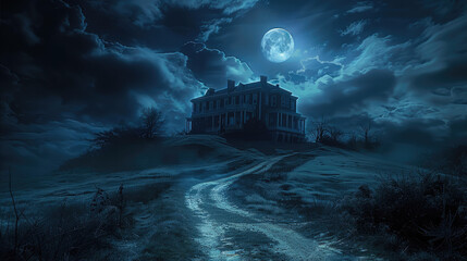 Naklejka premium A mansion sitting on top of a hill with a long winding driveway, dark night, moon. Generative AI.